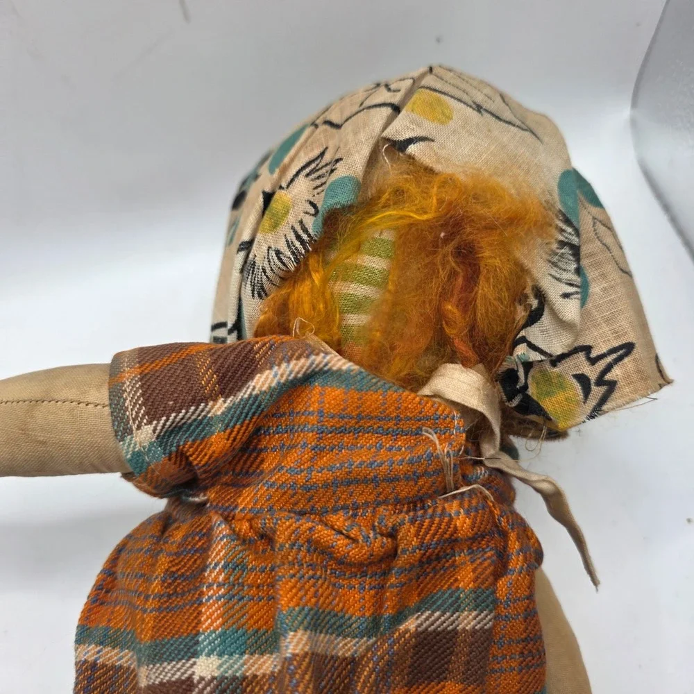 Old Cloth Doll Mask Face Red Yarn Hair Plaid Dress Bonnet Primitive Doll As Is